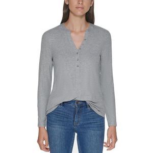 Calvin Klein Womens Gray Split Neck Ribbed Shirt Henley Top